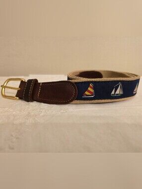 Preston Brand  Navy Nautical Embroidered Canvas Belt with Brown Leather Trim 40